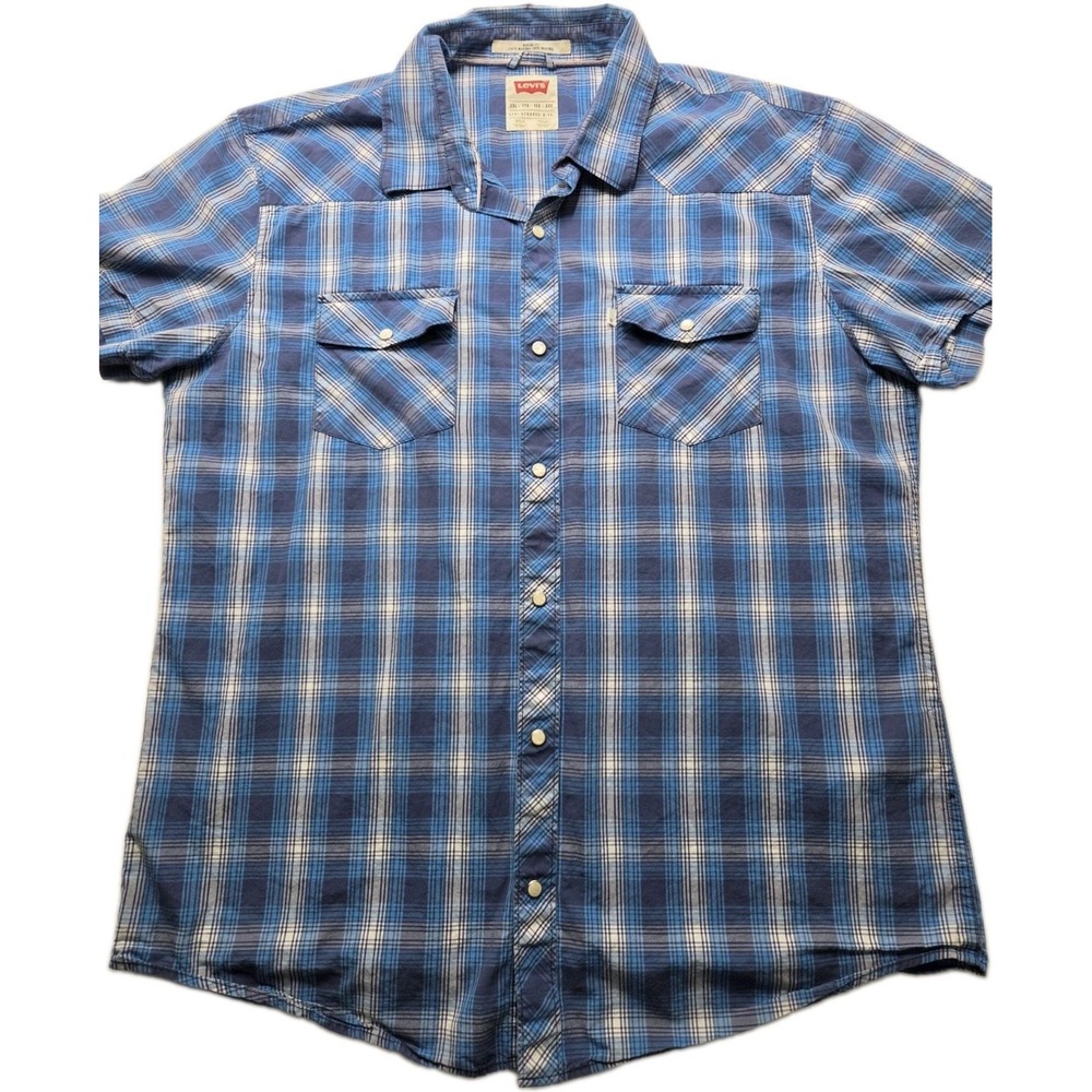 Levi's Men's XXL Blue Plaid Pearl Snap Western Shirt Short Sleeve Modern Fit